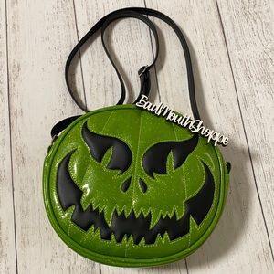 *Love Pain and Stitches Green Glitter & Matte Black Evil Face Pumpkin Purse